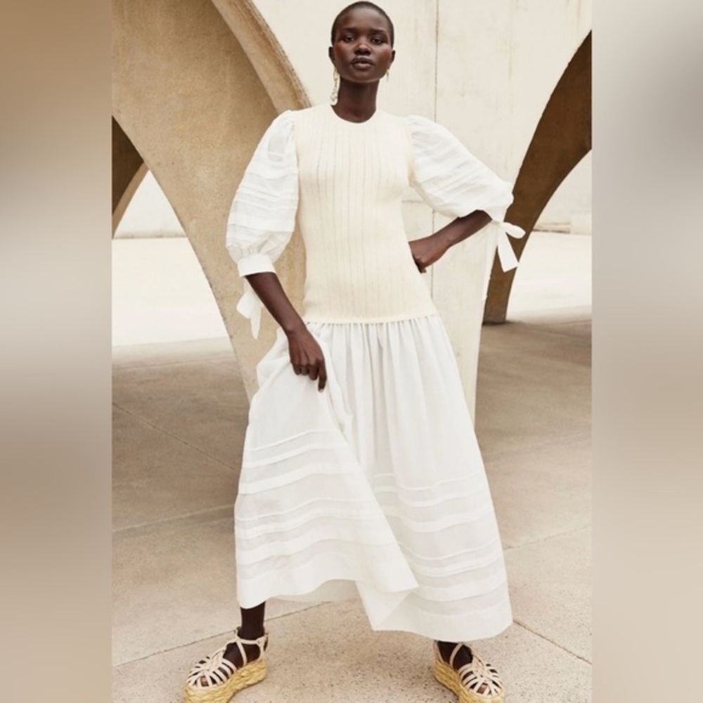 Ulla Johnson Cream and White Midi Dress with Puff Sleeves